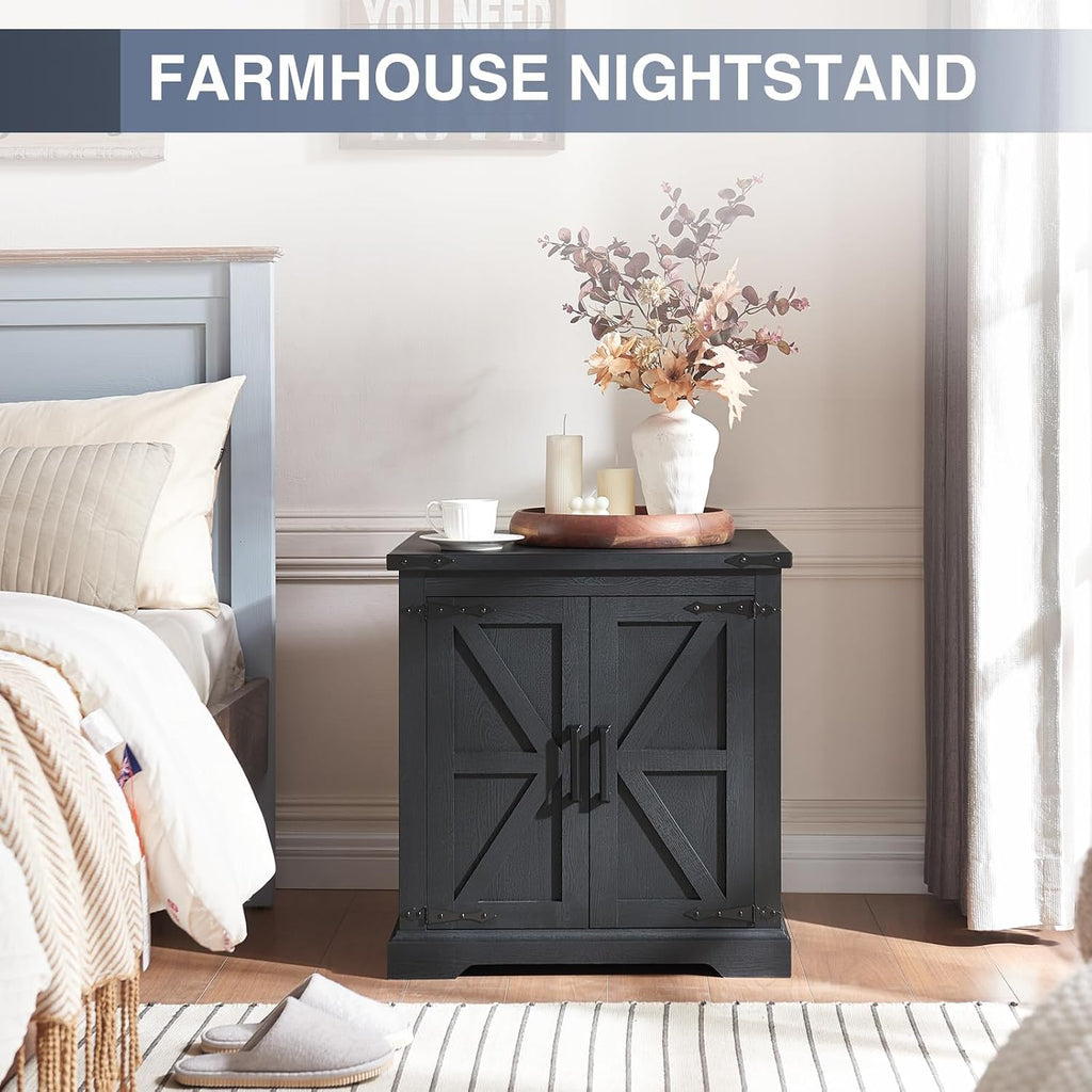 Barnyatoh Farmhouse End Table with Charging Station,24' Large Sofa Side Table with Barn Door, Rustic Wood Square Nightstand Bedside Table with Adjustable Storage Shelf for Living Room, Bedroom,Black