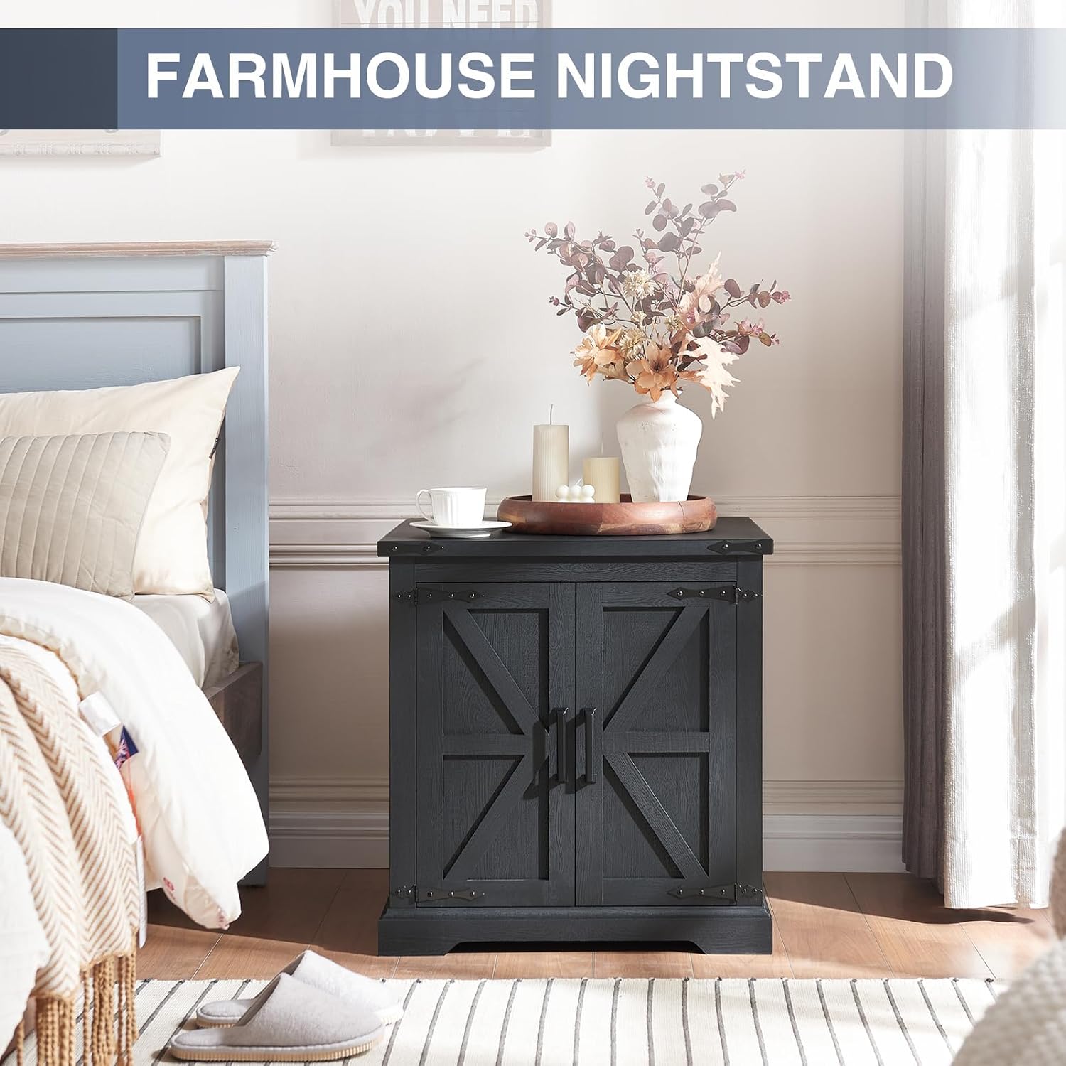 Barnyatoh Farmhouse End Table with Charging Station,24' Large Sofa Side Table with Barn Door, Rustic Wood Square Nightstand Bedside Table with Adjustable Storage Shelf for Living Room, Bedroom,Black