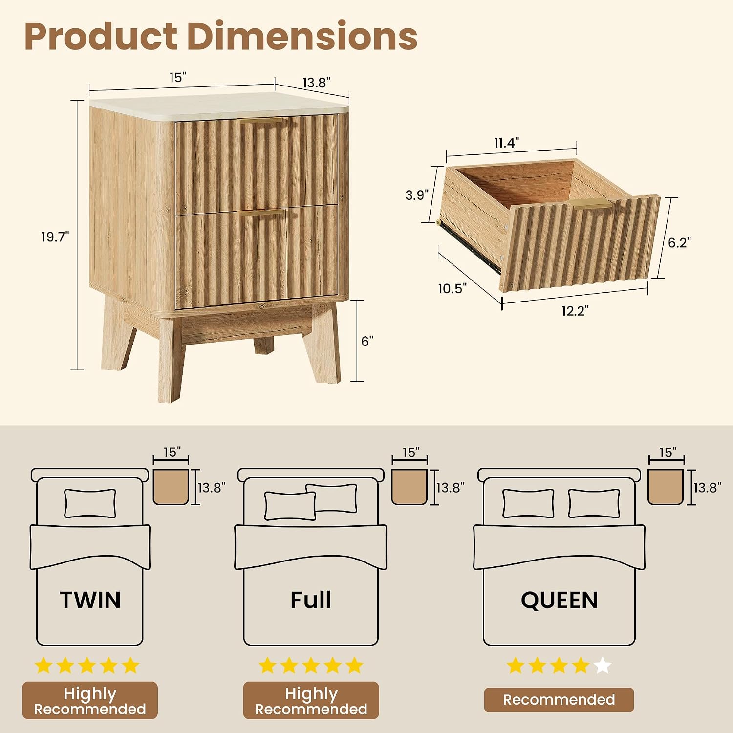 Fluted Nightstand Set of 2,Modern End Table with Faux Marble Top,2 Storage Drawers Side Table,Bedside Table for Bedroom, Living Room,Curved Profile Design Furnitue,Natural Oak