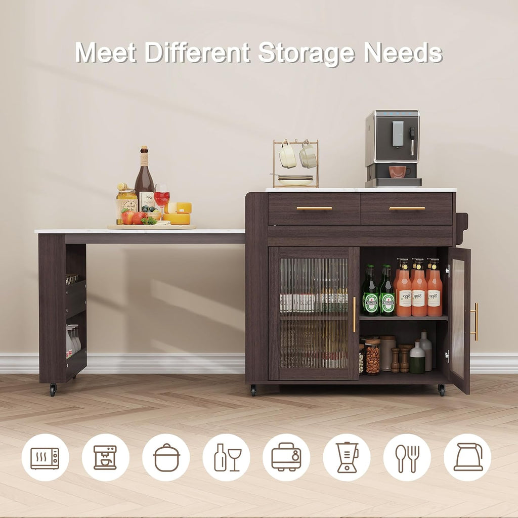 HLR Kitchen Island with Extendable Dining Table, Marble Grain Countertop Island with Power Outlet, Rolling Storage Cart on Wheels with Storage Cabinet and 2 Drawers, Prep Table for Kitchen