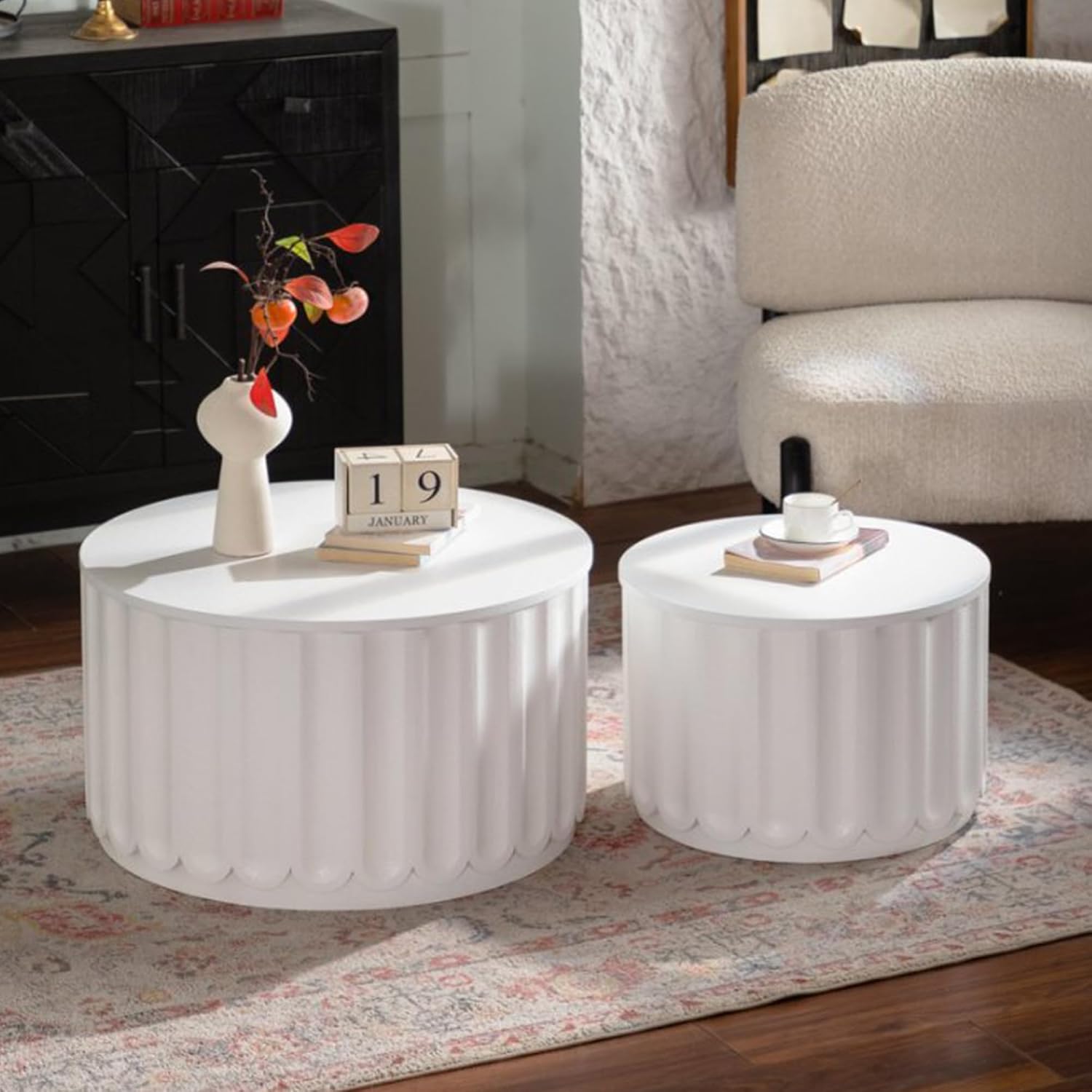 WILLIAMSPACE 46.46' White Round Nesting Coffee Table Set of 2 with Storage & Lift-Off Lid, Modern Circle Drum Center Tables Curved-Edge Shape Tea Table for Living Room, No Assembly (White)