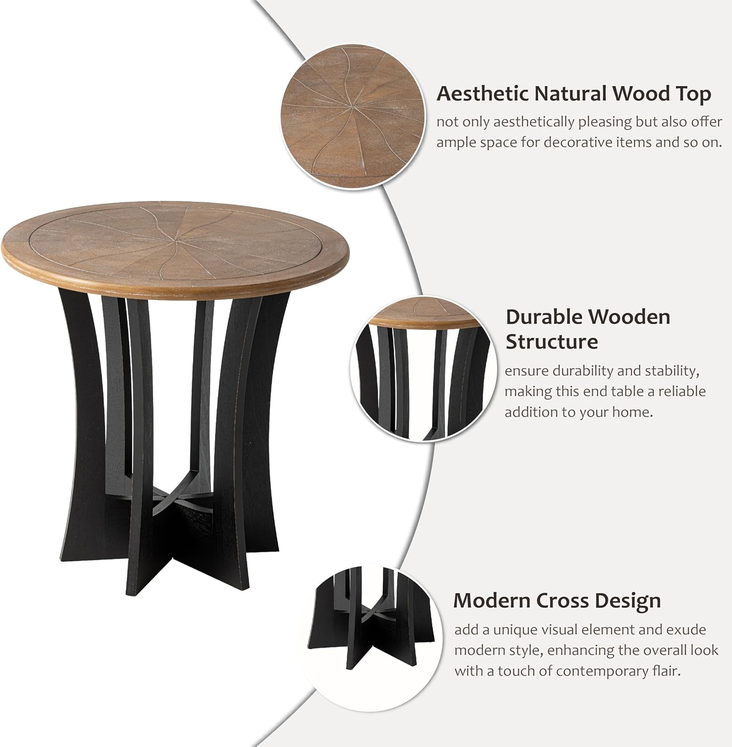 COZAYH Farmhouse Round End Table X 2P with Criss-Cross Wood Legs, Rustic French Country Side Table for Dinning or Living Room, Modern, Black, Natural Wood Color