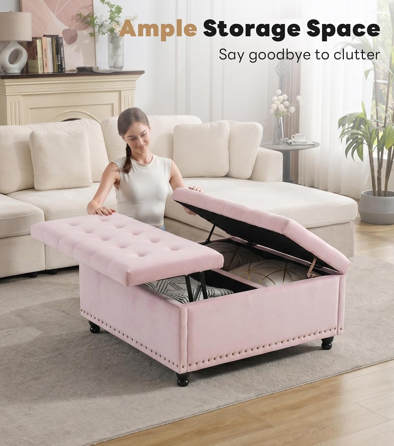 Tbfit Large Square Storage Ottoman Bench, Tufted Upholstered Coffee Table Ottoman with Lift Top & Wooden Legs, Oversized Storage Ottomans Toy Box for Living Room (Pink)