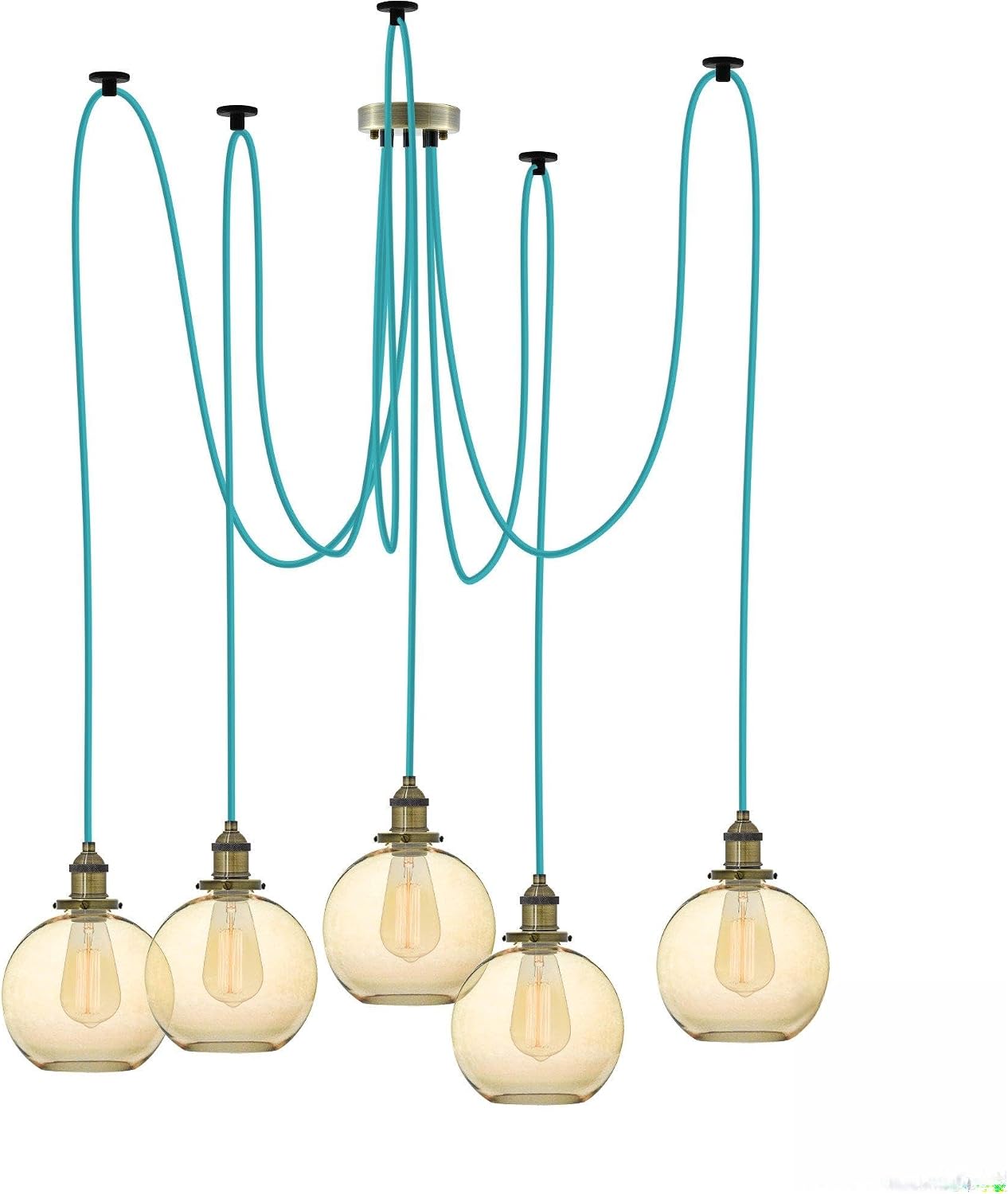 Turquoise 5 Pendant Light Chandelier with Amber Glass Globe Shades