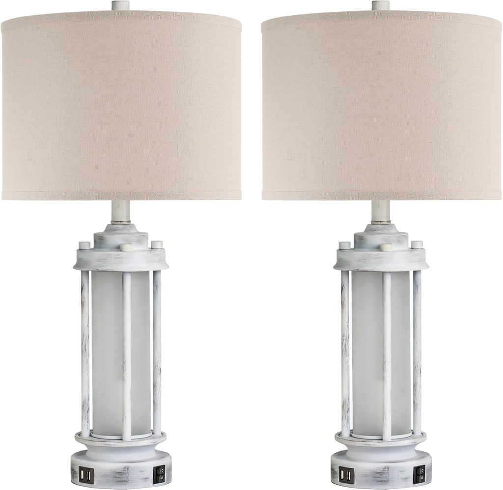 AIEAMPDO 25' Rustic Table Lamps Set of 2, Vintage Nightstand Lamps with 2 USB Ports, Farmhouse Antique White Desk Lamp with Glass Night Light for Living Room Bedroom Dorms, 4 Bulbs Included
