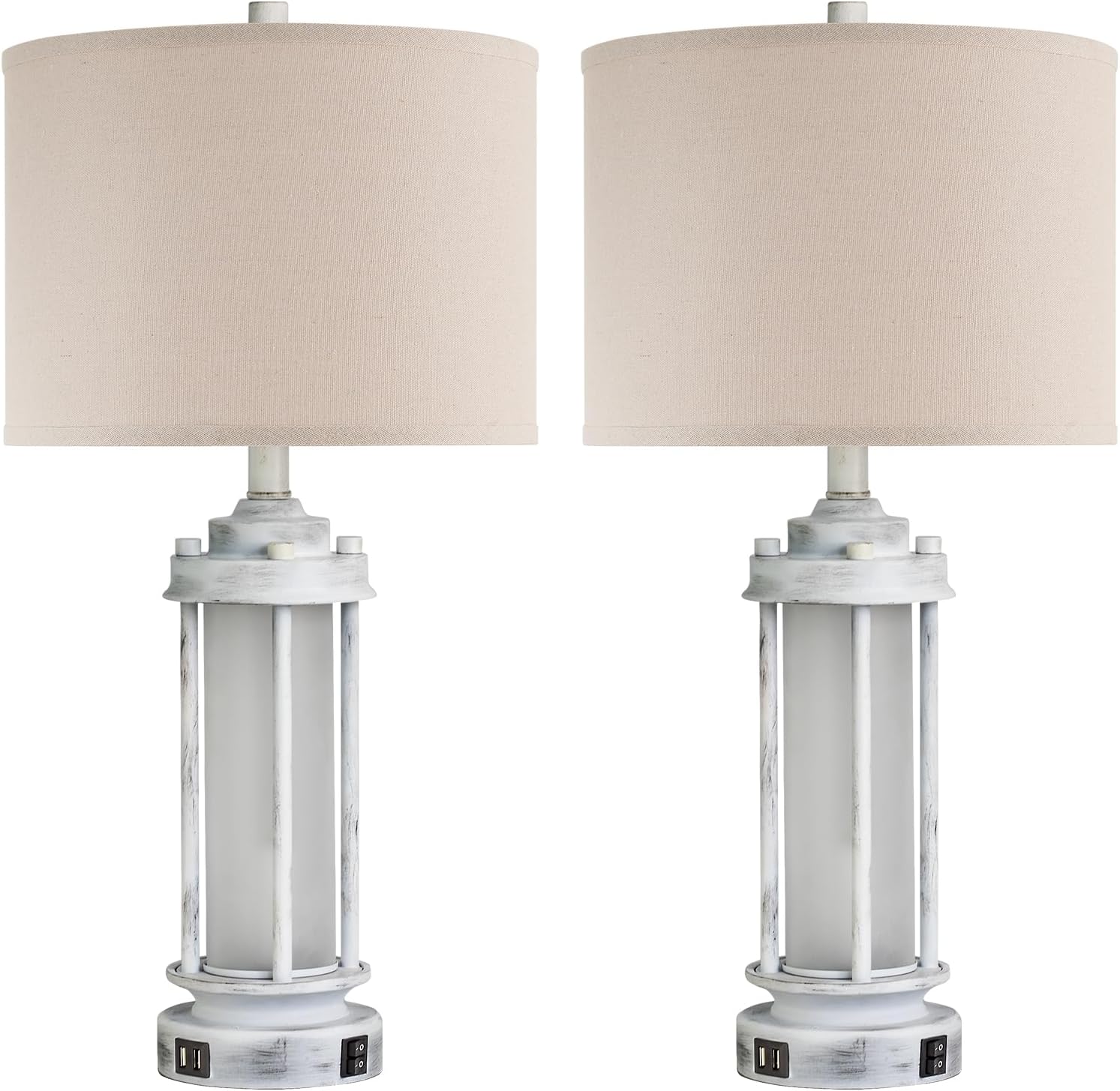 AIEAMPDO 25' Rustic Table Lamps Set of 2, Vintage Nightstand Lamps with 2 USB Ports, Farmhouse Antique White Desk Lamp with Glass Night Light for Living Room Bedroom Dorms, 4 Bulbs Included