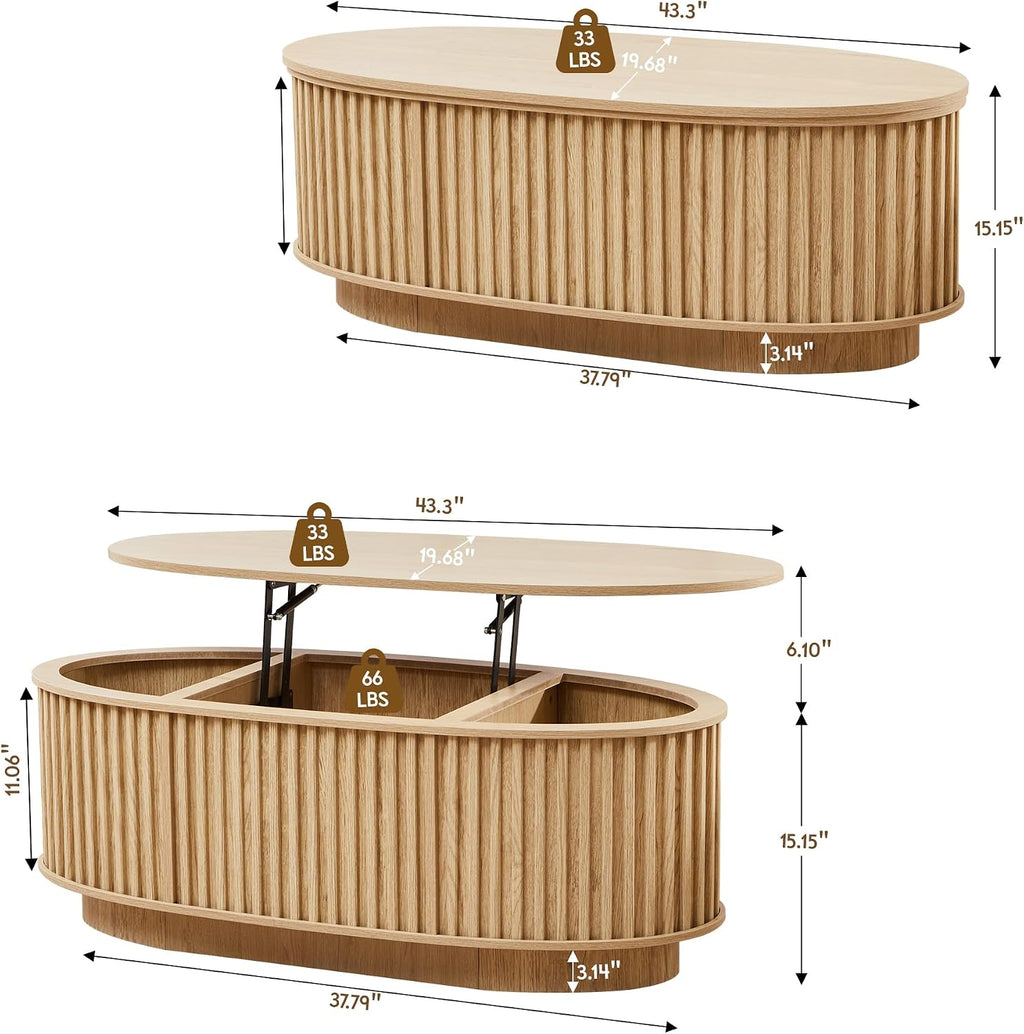 Oval Coffee Table, 43.3'' Fluted Lift Top Coffee Table with Hidden Storage Compartment, Mid Century Modern Dining Table Wooden Center Table for Living Room, Office, Small Spaces (Natural)