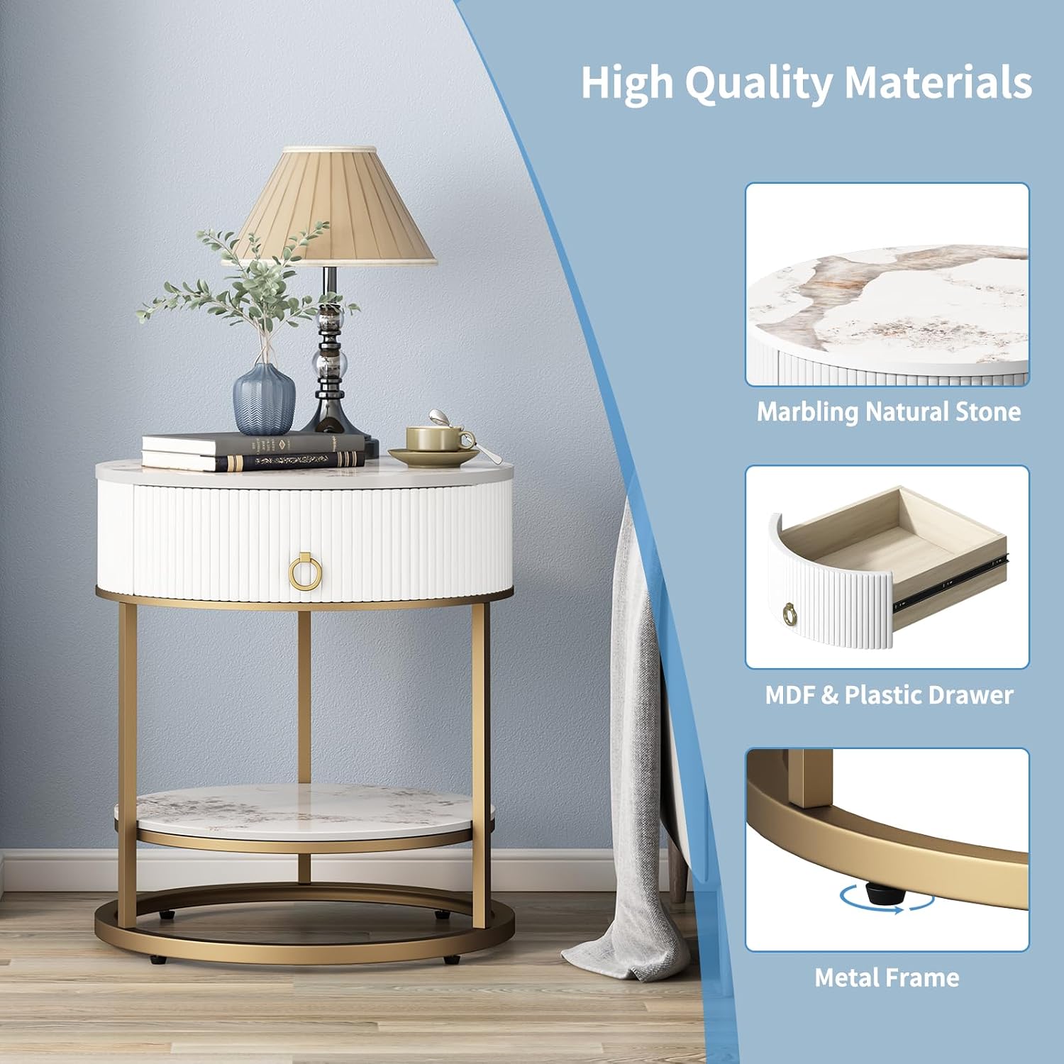 OIOG Round Side Table with Drawer, 2 Tier Night Stand with Shelf, Modern Side Table with Gold Legs for Living Room, Bedroom, Dorm, Marbling Natural Stone/Gold