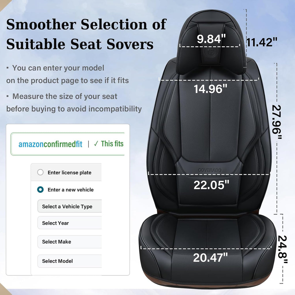 Coverado Universal Seat Covers Front, 2-Pack Universal Seat Covers for Cars, Waterproof Nappa Leather Car Seat Covers with Head Pillow, Auto Protectors Fit for Most Sedans SUV Pick-up Truck-Black