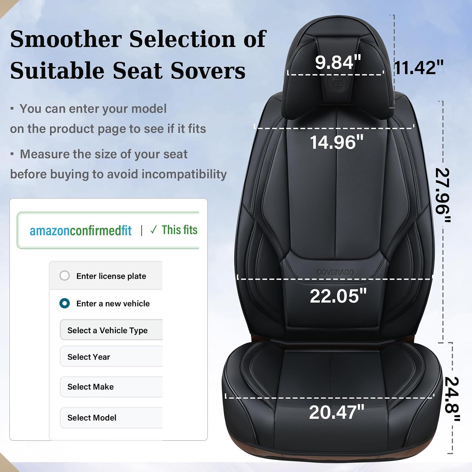 Coverado Universal Seat Covers Front, 2-Pack Universal Seat Covers for Cars, Waterproof Nappa Leather Car Seat Covers with Head Pillow, Auto Protectors Fit for Most Sedans SUV Pick-up Truck-Black