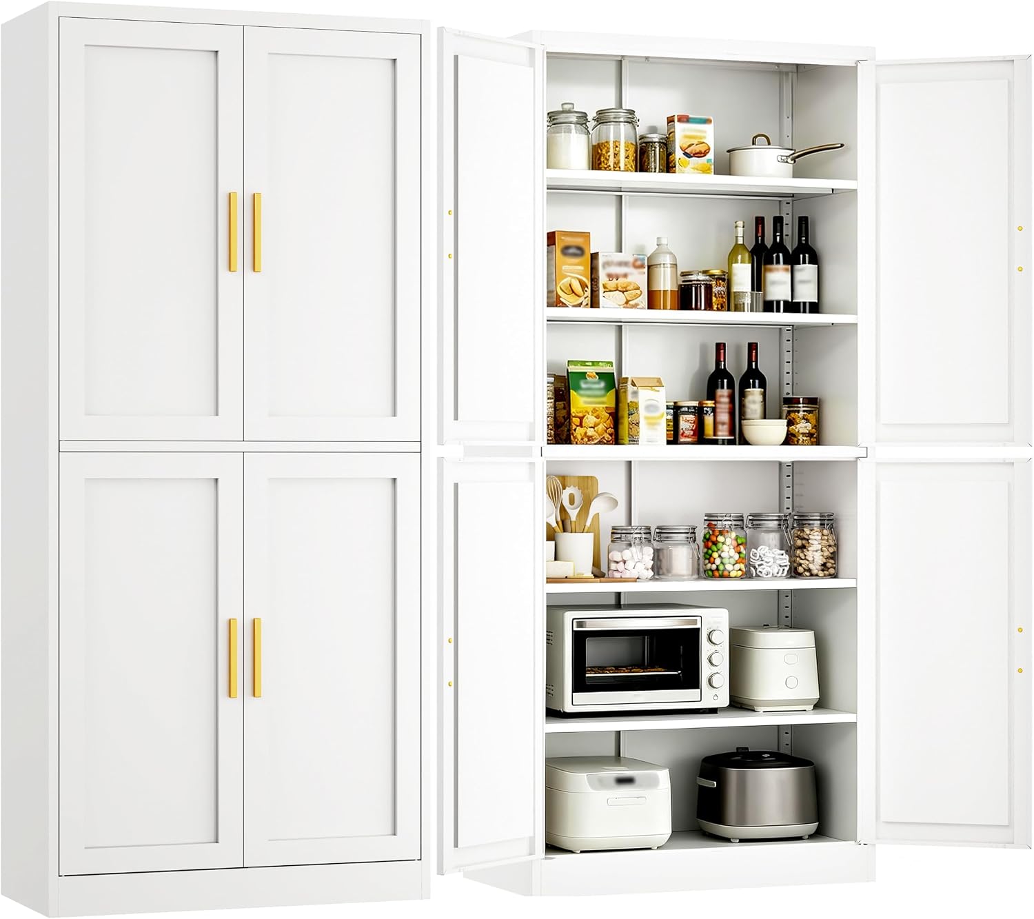 Wanfu 71' Tall Pantry Cabinet, Metal Kitchen Pantry Cabinet with 4 Doors and 4 Adjustable Shelves, Kitchen Pantry Storage Cabinets, Metal Storage Cabinet for Kitchen, Dining Room, Living Room-White