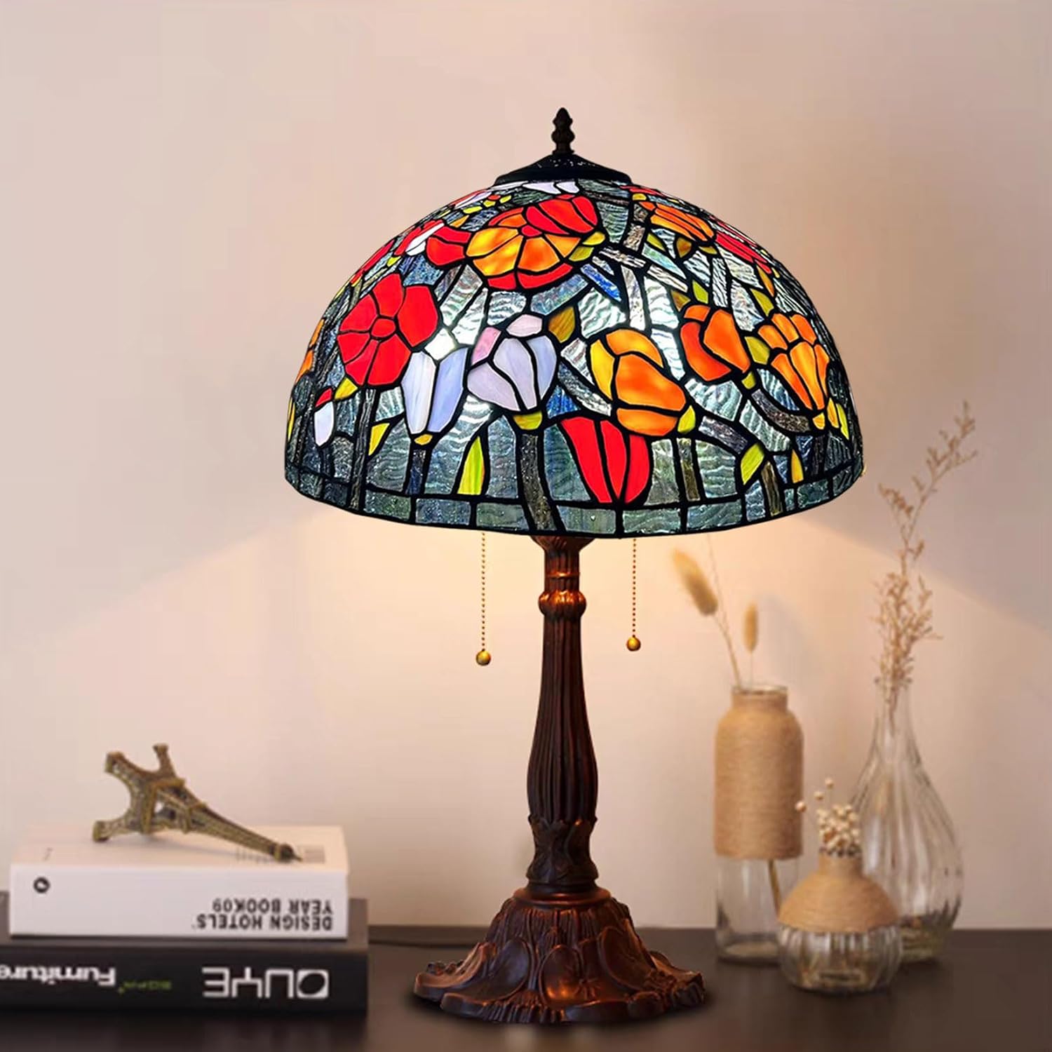 Tiffany Lamp Shade Replacement Only 16X9 Inch Stained Glass Lampshades, Vintage Red Orange Blue Flower Light Cover for Table Lamp Floor Lamp Hanging Pendant lamp Ceiling Light