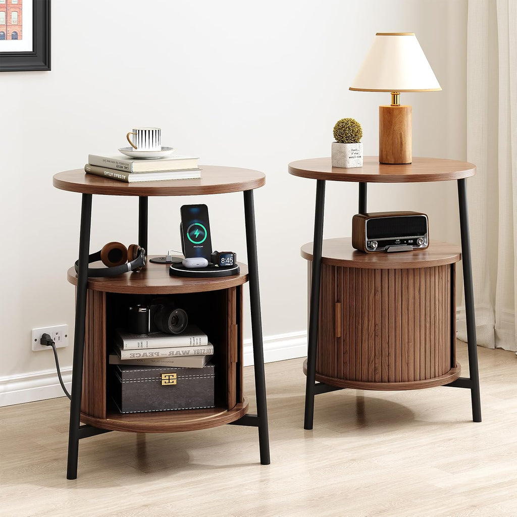 ONBRILL Round Side Table with Storage, Fluted Nightstand with Charging Station, Small Mid-Century Modern Bedside Tables, Walnut End Tables for Small Space Living Room Bedroom Sofa Couch (2 PCS)