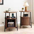 ONBRILL Round Side Table with Storage, Fluted Nightstand with Charging Station, Small Mid-Century Modern Bedside Tables, Walnut End Tables for Small Space Living Room Bedroom Sofa Couch (2 PCS)