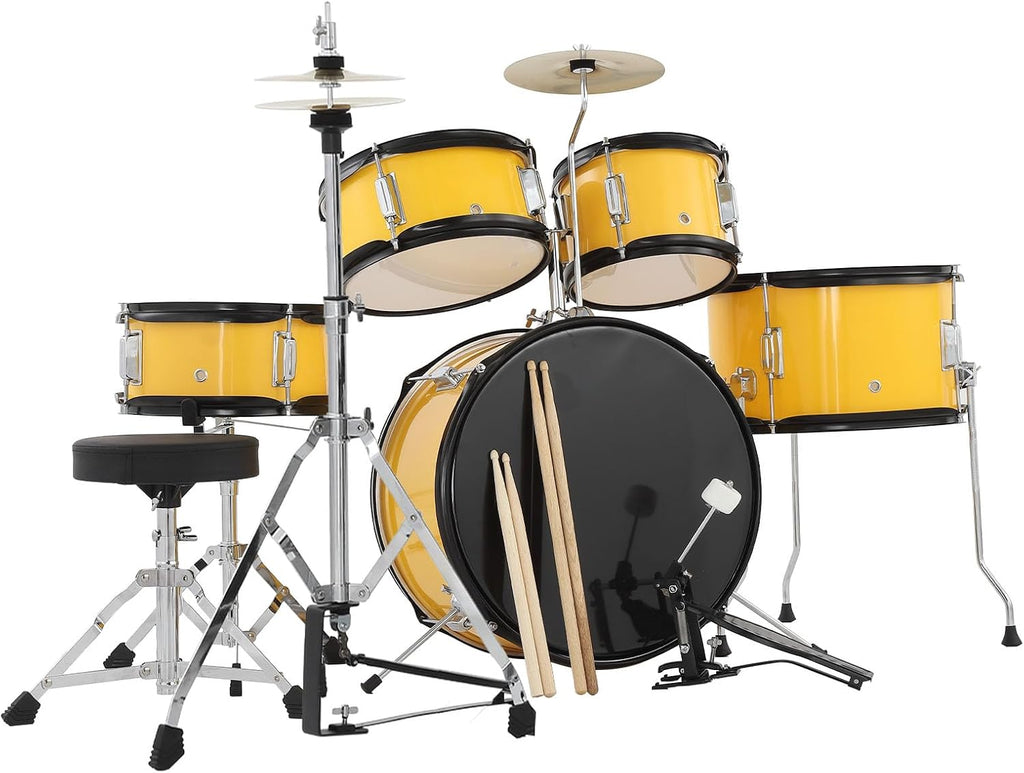 5-Piece 16 Inch Kids Drum Set, Junior Drum Kit with Bass Drum, Snare, 2 Toms, Cymbal, Hi-Hat, Throne Stool, Drumsticks & Pedals, Musical Gift for Beginner Students Ages 4+(Yellow)