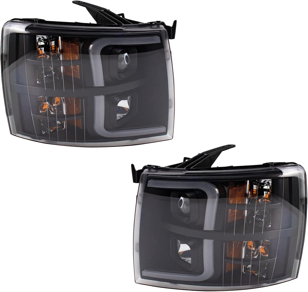 TRQ 2 Piece Headlight Assembly Set Performance Halogen LED C Light Bar Black Bezel Driver & Passenger Side Compatible with Chevrolet Chevy Silverado 1500 2007-2013 2500 HD 3500 HD 2007-2014