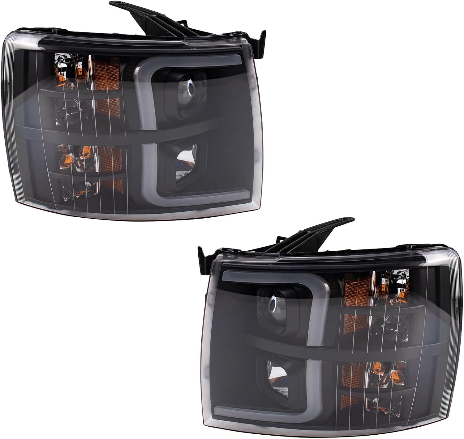 TRQ 2 Piece Headlight Assembly Set Performance Halogen LED C Light Bar Black Bezel Driver & Passenger Side Compatible with Chevrolet Chevy Silverado 1500 2007-2013 2500 HD 3500 HD 2007-2014