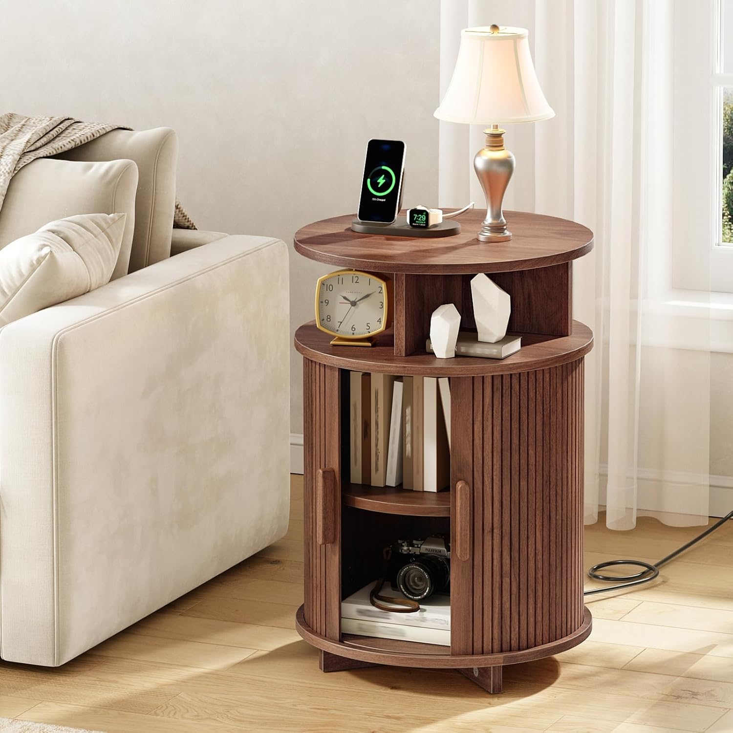 RALGEND Round Fluted End Tables Set of 2, Round End Table with Charging Station, Fluted Sofa Side Table with Sliding Tambour Door and Storage, Mid-Century Nightstand for Living Room, Bedroom, Walnut
