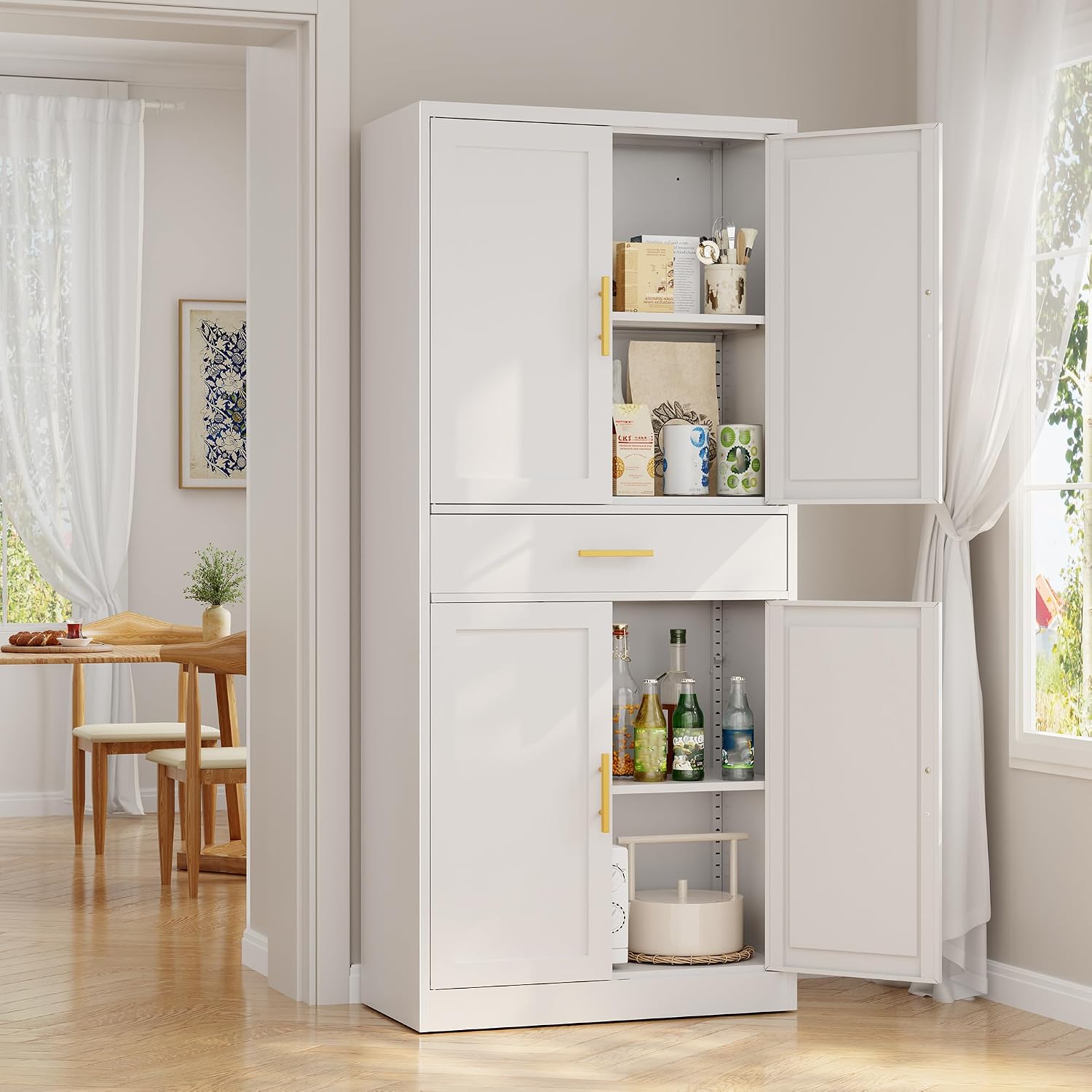 Metal Kitchen Pantry Cabinet, 71'Tall Cabinet with 1 Drawer, Doors and 2 Adjustable Shelves, Pantry Cabinets for Kitchen Storage, Metal Storage Cabinet for Kitchen, Dining Room, Living Room- White
