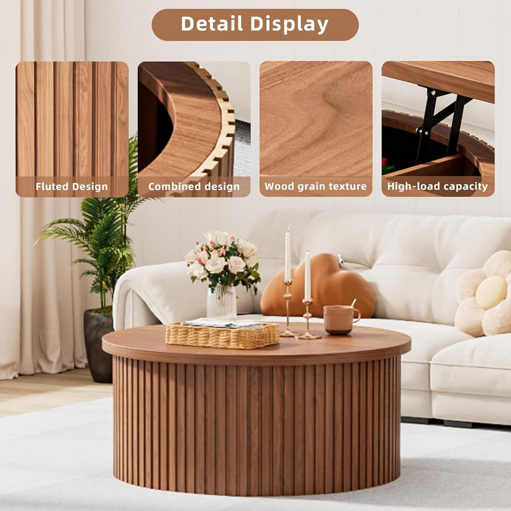 Fsbecl Fluted Lift Top Coffee Table with Storage, 34.6'' Round Coffee Tables for Living Room, Circle Wood Center Table with Hidden Conpartment (Walnut)