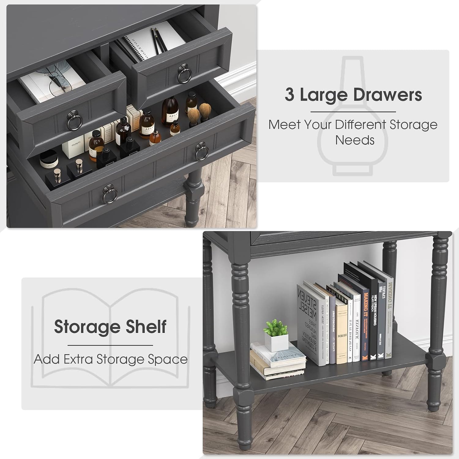 Giantex Console Table with 3 Drawers, 24' Rustic Entryway Table with Storage, Open Bottom Shelf, Compact Hallway Table, Small Sofa Side Table for Living Room, Bedroom, Narrow Entry Table, Gray