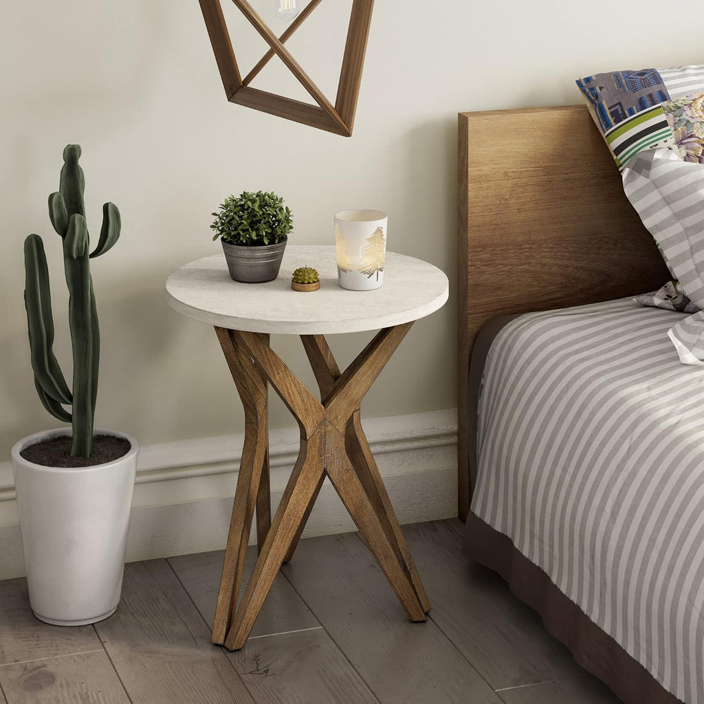 Pedestal Farmhouse End Table Set of 2, Distressed Top with Tripod Base Bedside Table for Living Room, Modern, Boho Decor, Round (2-Pack, White & Walnut)