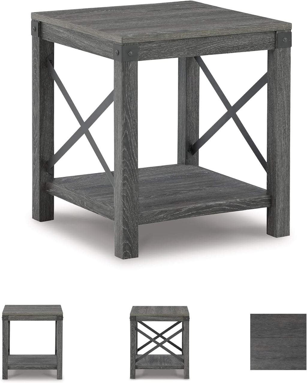 Signature Design by Ashley Freedan Rustic Square Farmhouse End Table, Wood, Metal Crossbuck Accents, Lower Display Shelf, 22.63' High, Gray