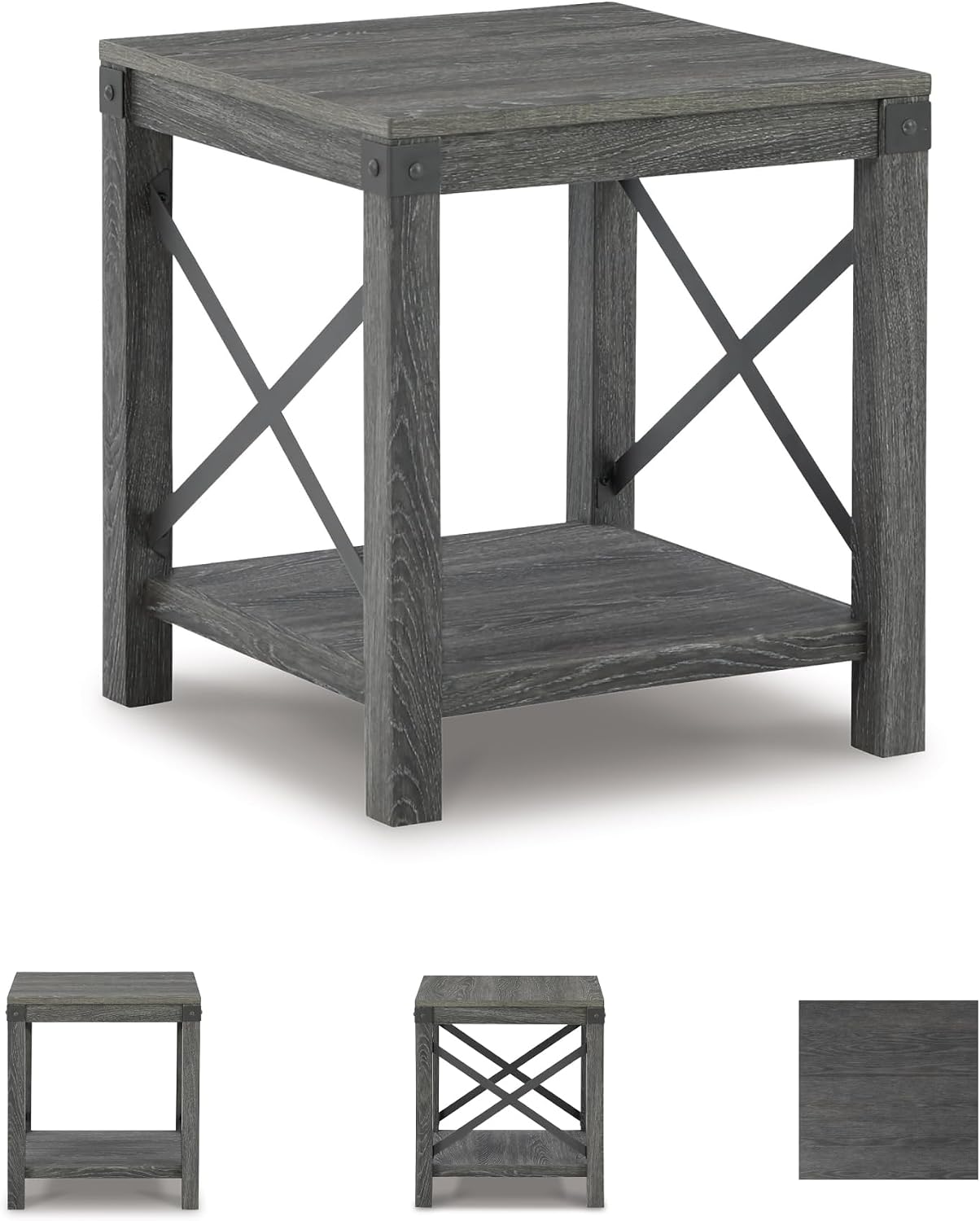 Signature Design by Ashley Freedan Rustic Square Farmhouse End Table, Wood, Metal Crossbuck Accents, Lower Display Shelf, 22.63' High, Gray