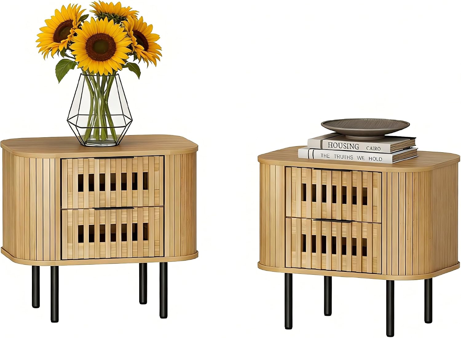 WAMPAT Set of 2 Fluted Nightstands, Modern Wooden End Tables with Drawer, Storage Bedside Table for Bedroom and Living Room, Oak