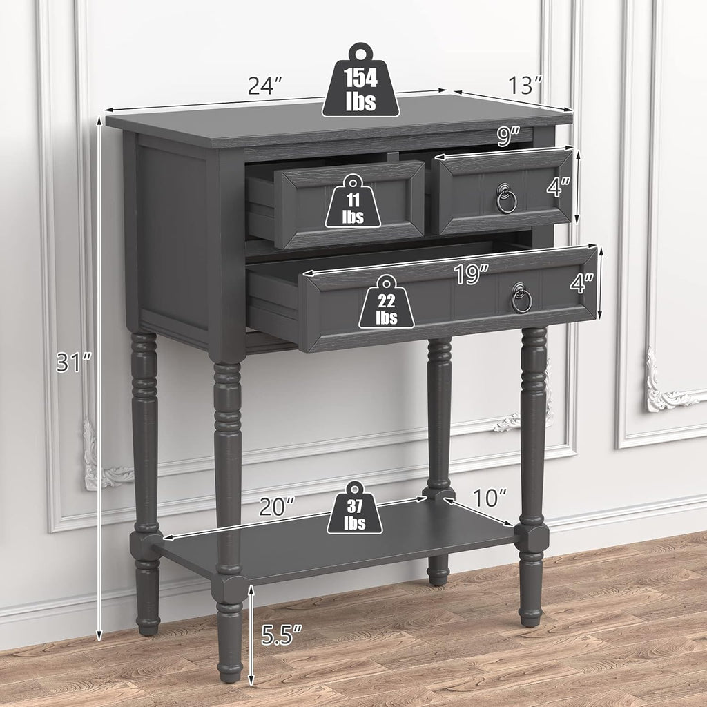 Giantex Console Table with 3 Drawers, 24' Rustic Entryway Table with Storage, Open Bottom Shelf, Compact Hallway Table, Small Sofa Side Table for Living Room, Bedroom, Narrow Entry Table, Gray