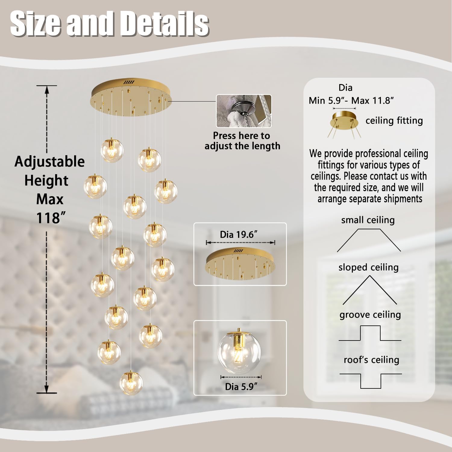 ykolupty 15-Light Gold Chandelier with Globe Glass Dimmable Ceiling Light Glass Pendant Light for Kitchen Island, Dining Room, Living Room, Entry Hallway, LED Bulbs Included