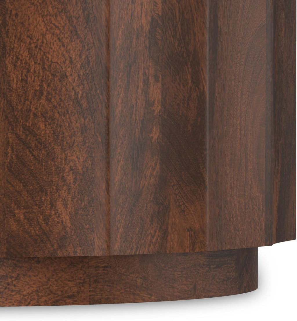 SIMPLIHOME Trenton Coffee Table - 32 inch Wide Solid Mango Wood Round Living Room Table in Walnut Brown, Contemporary Sculpted Drum Center Table for Family Room with Scalloped Edge, Assembled