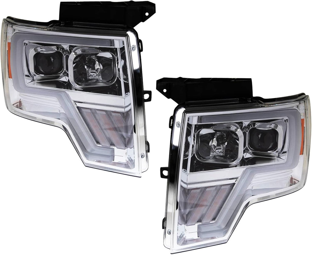 TRQ 2 Piece Headlight Assembly Set Performance LED C Light Bar Chrome Bezel Driver & Passenger Side Compatible with Ford F-150 2009-2014 FO2502287 FO2502289 FO2503287 FO2503289