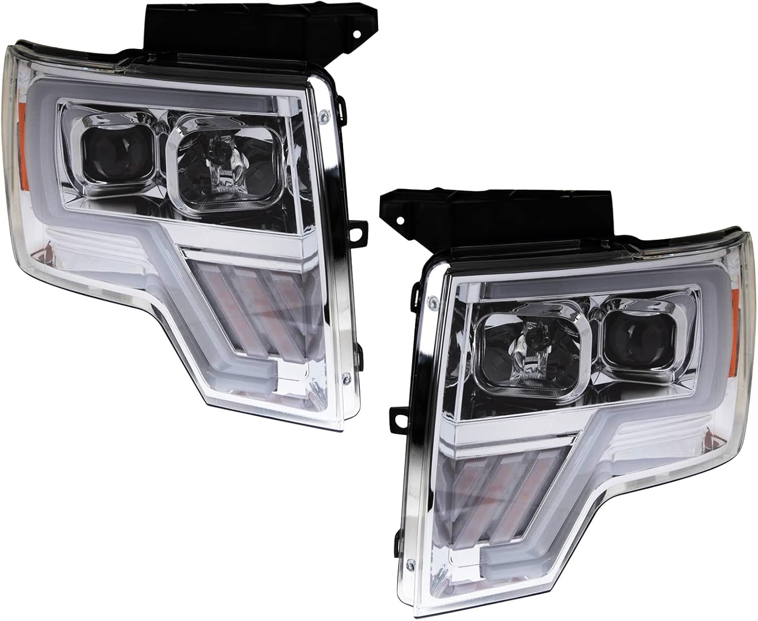 TRQ 2 Piece Headlight Assembly Set Performance LED C Light Bar Chrome Bezel Driver & Passenger Side Compatible with Ford F-150 2009-2014 FO2502287 FO2502289 FO2503287 FO2503289