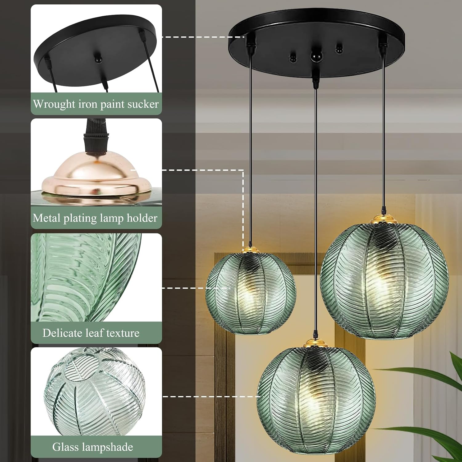 GWY Green Pendant Light, 3 in 1 Large Glass Pendant Light Fixtures E26 E27 Mid Century Modern Chandelier Ribbed Blown Glass Globe Shade Hanging Light Ceiling Light for Living Room Restaurant Bar