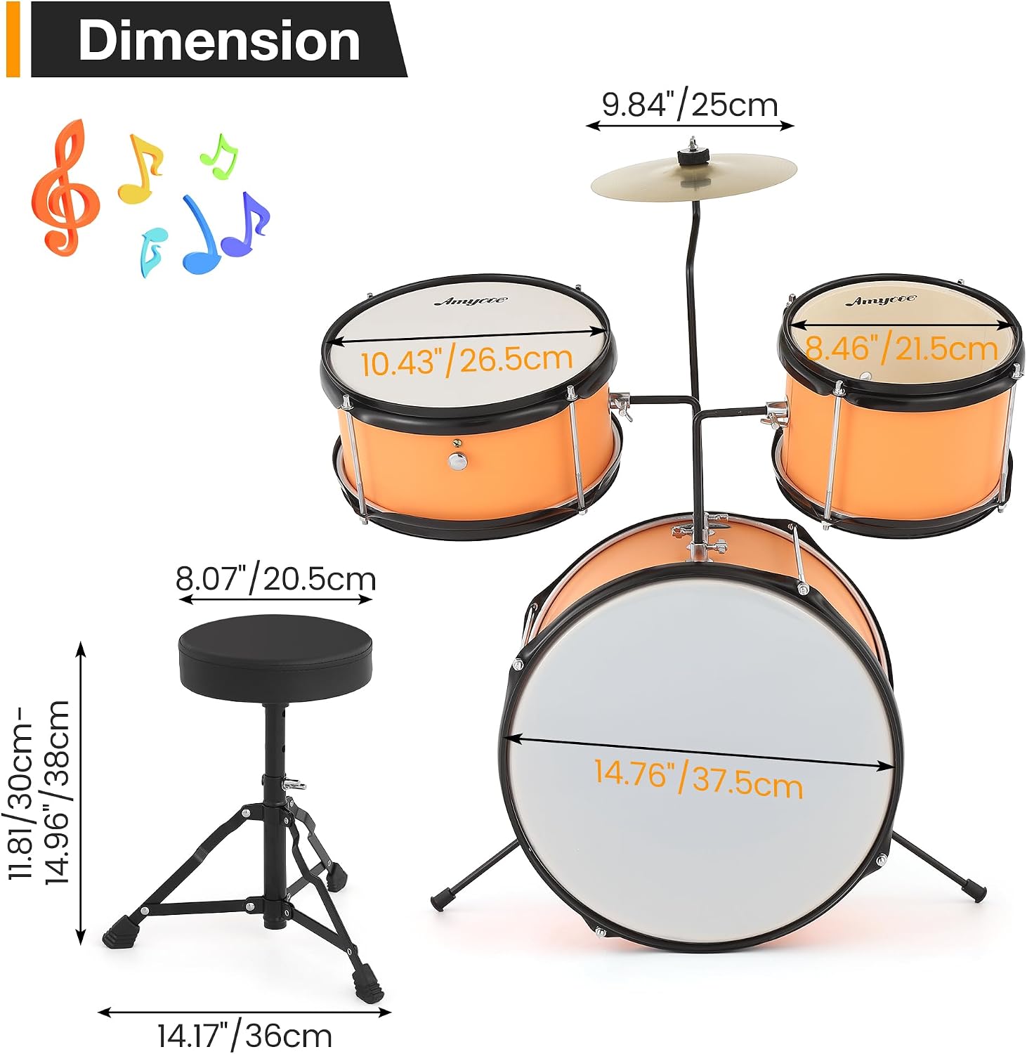 3-Piece Beginner Drum Set, Beginner Drum Set,with Bass Tom Snare Drum, 14 Inch Drum Kit with Snare, Cymbal, Drumsticks, Adjustable Seat (Yellow)