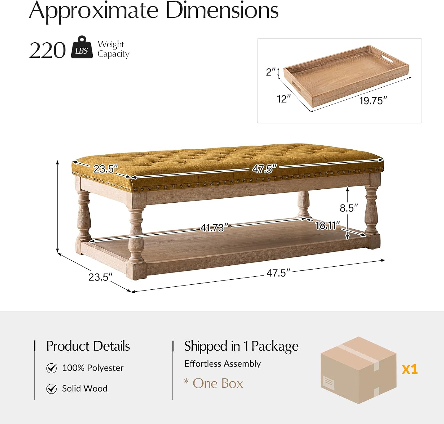 HULALA HOME Rectangle Ottoman Coffee Table with Tray, Tufted Living Room Ottoman with Solid Wood Storage Shelf, Golden