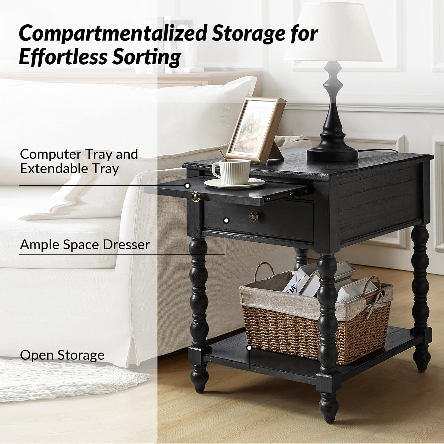 HULALA HOME Spindle Nightstands with Charging Station, Solid Wood Nightstand with Drawer Shelf, Side Table with Pull-Out Shelf (1, Charcoal)