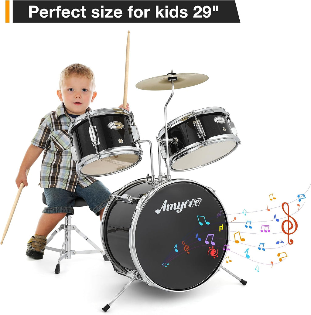 3-Piece Beginner Drum Set, Beginner Drum Set,with Bass Tom Snare Drum, 14 Inch Drum Kit with Snare, Cymbal, Drumsticks, Adjustable Seat (Metallic Black)