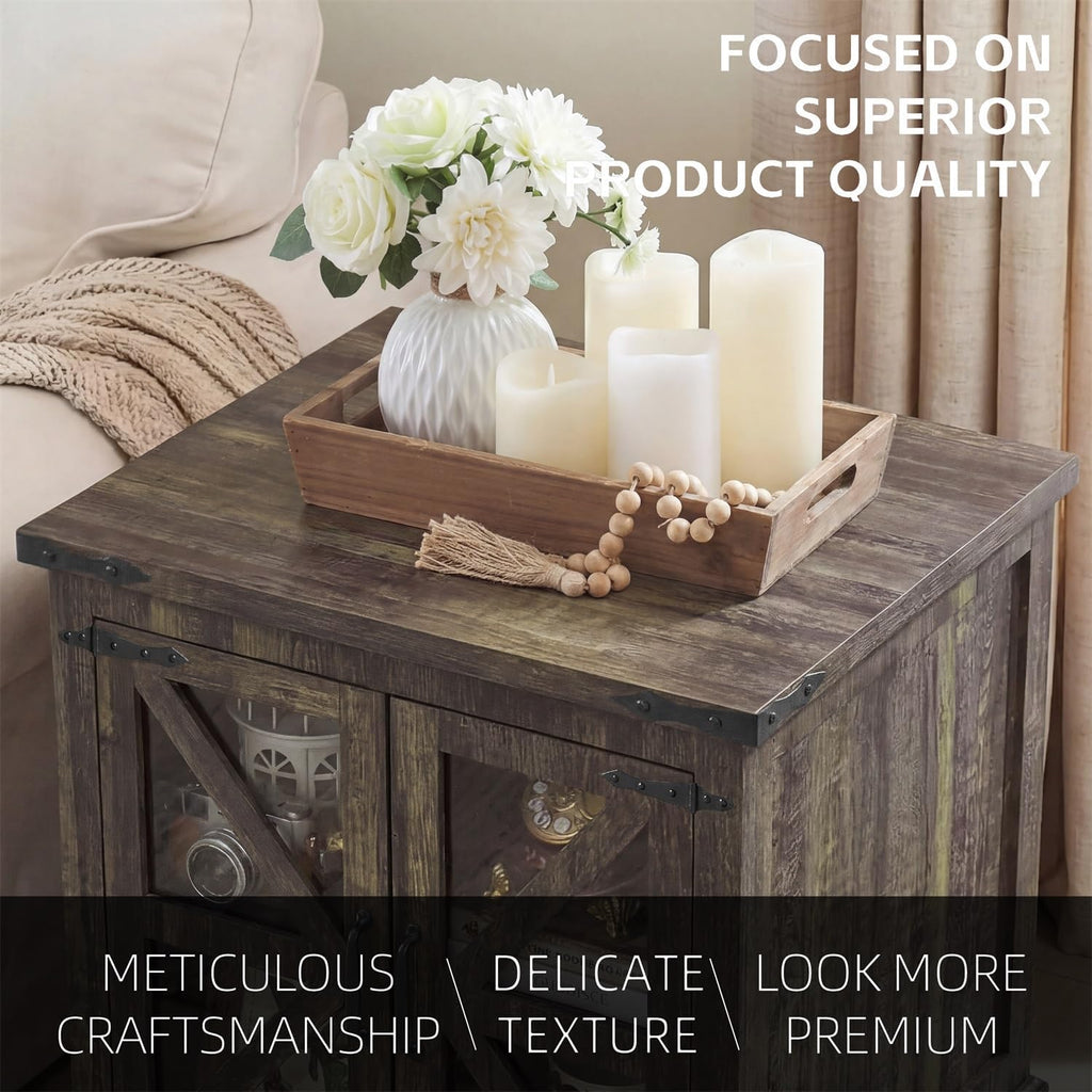 Farmhouse End Table, 24' Large End Tables with Storage, Rustic Square Sofa Beside Table with Glass Barn Door, Wood Side Table Square Nightstand for Living Room, Bedroom, Office (Antique Finish)