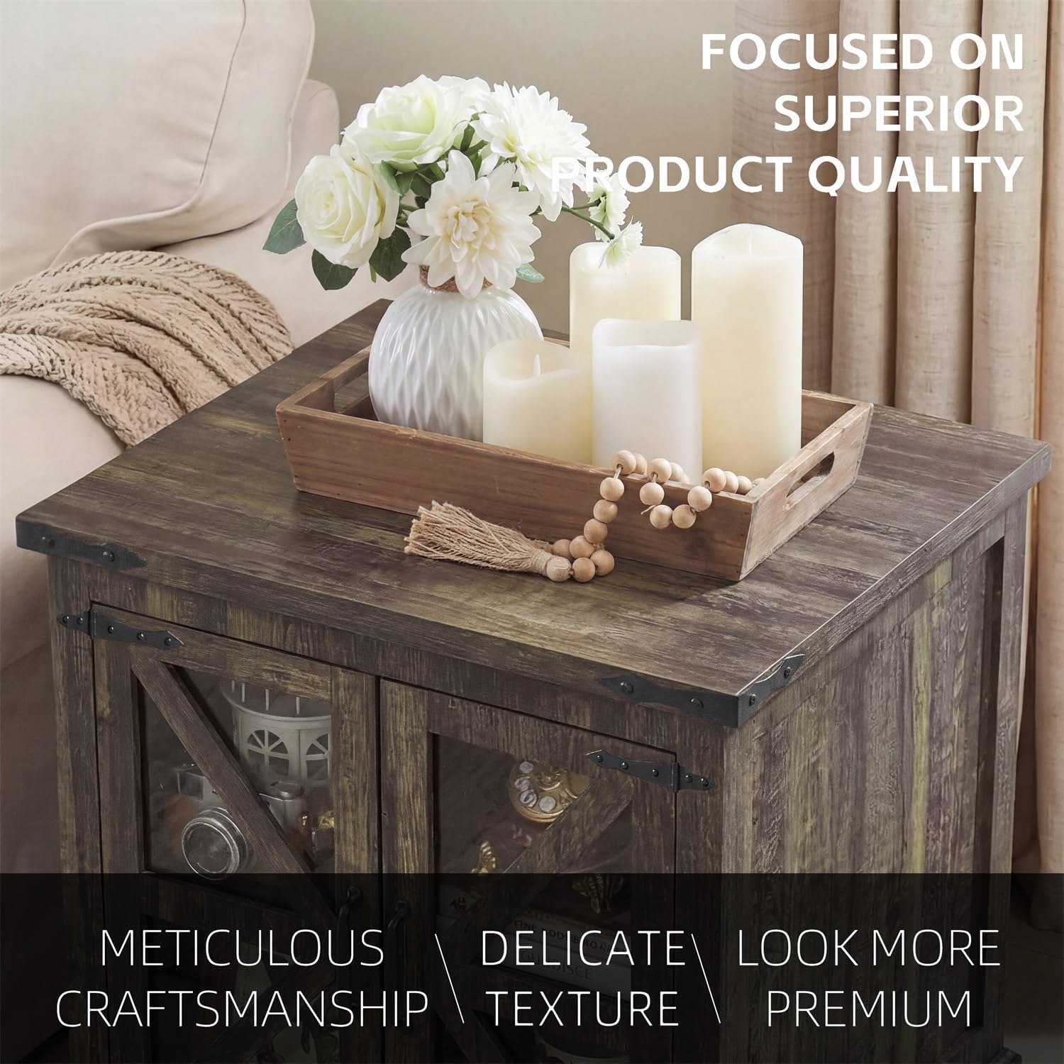 Farmhouse End Table, 24' Large End Tables with Storage, Rustic Square Sofa Beside Table with Glass Barn Door, Wood Side Table Square Nightstand for Living Room, Bedroom, Office (Antique Finish)