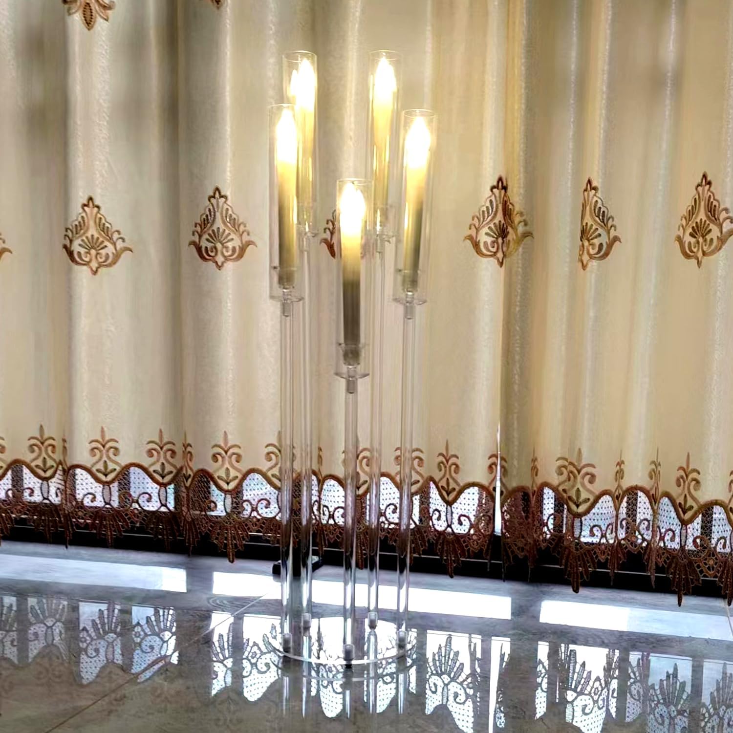 8 Sets Acrylic Floor Candelabra Centerpieces for Wedding, 33.9Inches Tall Candelabra Candle Holder with LED Candles 5 Arm Candlesticks Holder with Acrylic Shade for Table Dinner Party Fireplace Decor