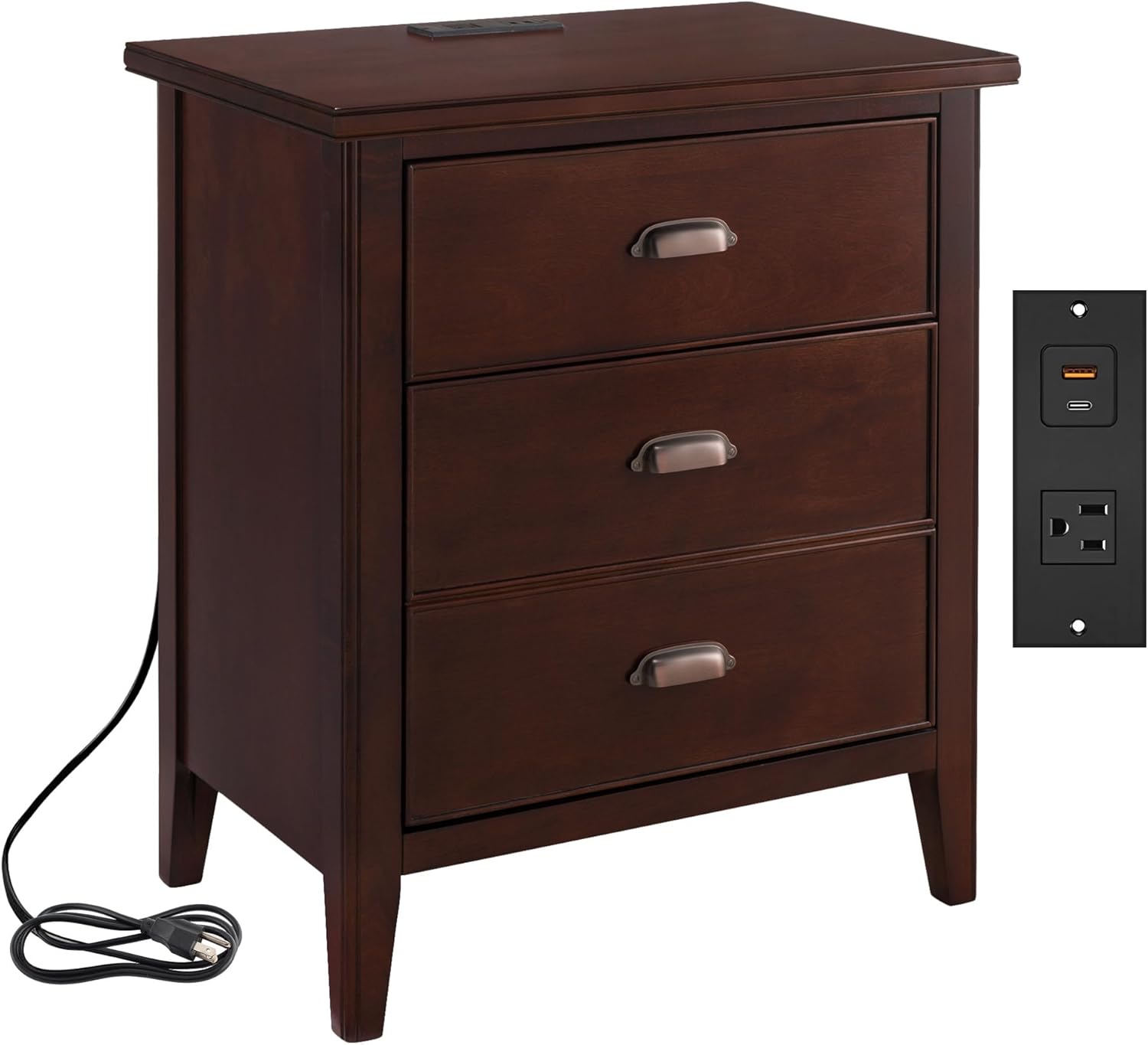 Leick Home Laurent Side Table Nightstand with USB-C Charging Station, Solid Wood, Perfect for Bedrooms, Living Rooms, and Small Spaces, 16'D x 24'W x 28'H, Chocolate Cherry Brown