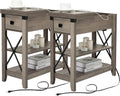 Awescuti Narrow End Table with Charging Station - Farmhouse Slim Side Table Set of 2, w/USB Ports Power Outlets, Nightstand w/Flip Top Storage Drawer, for Small Spaces Living Room Bedroom, Gray