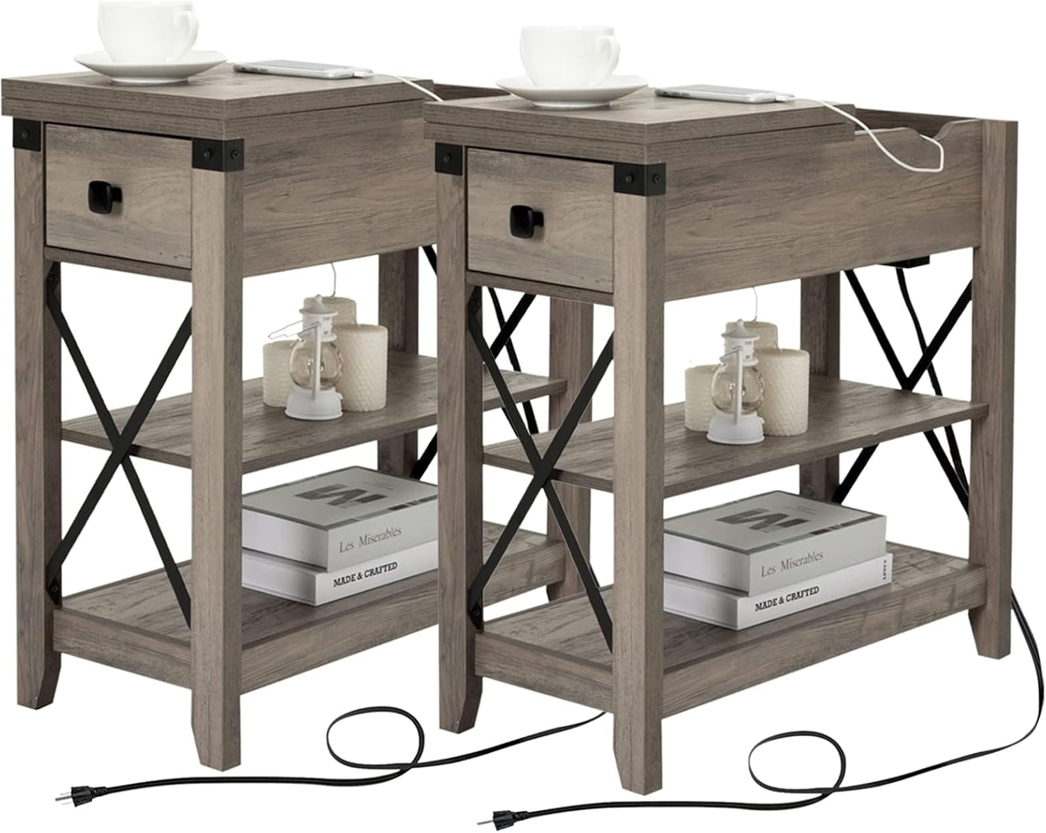 Awescuti Narrow End Table with Charging Station - Farmhouse Slim Side Table Set of 2, w/USB Ports Power Outlets, Nightstand w/Flip Top Storage Drawer, for Small Spaces Living Room Bedroom, Gray