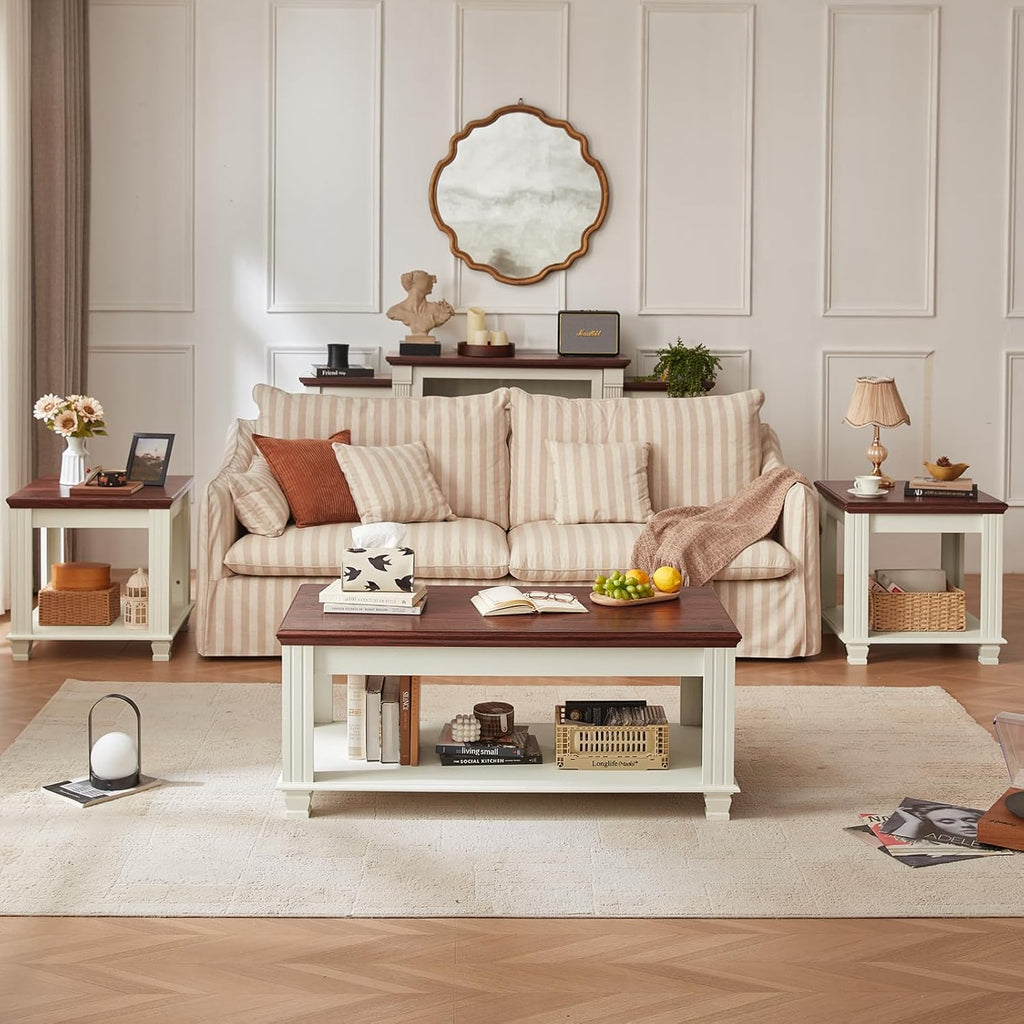 SAVOR LIFE Farmhouse Coffee Tables for Living Room,Square Tea Table with Open Storage Shelf,Large Coffee Table,Rustic Wooden Center Table,White