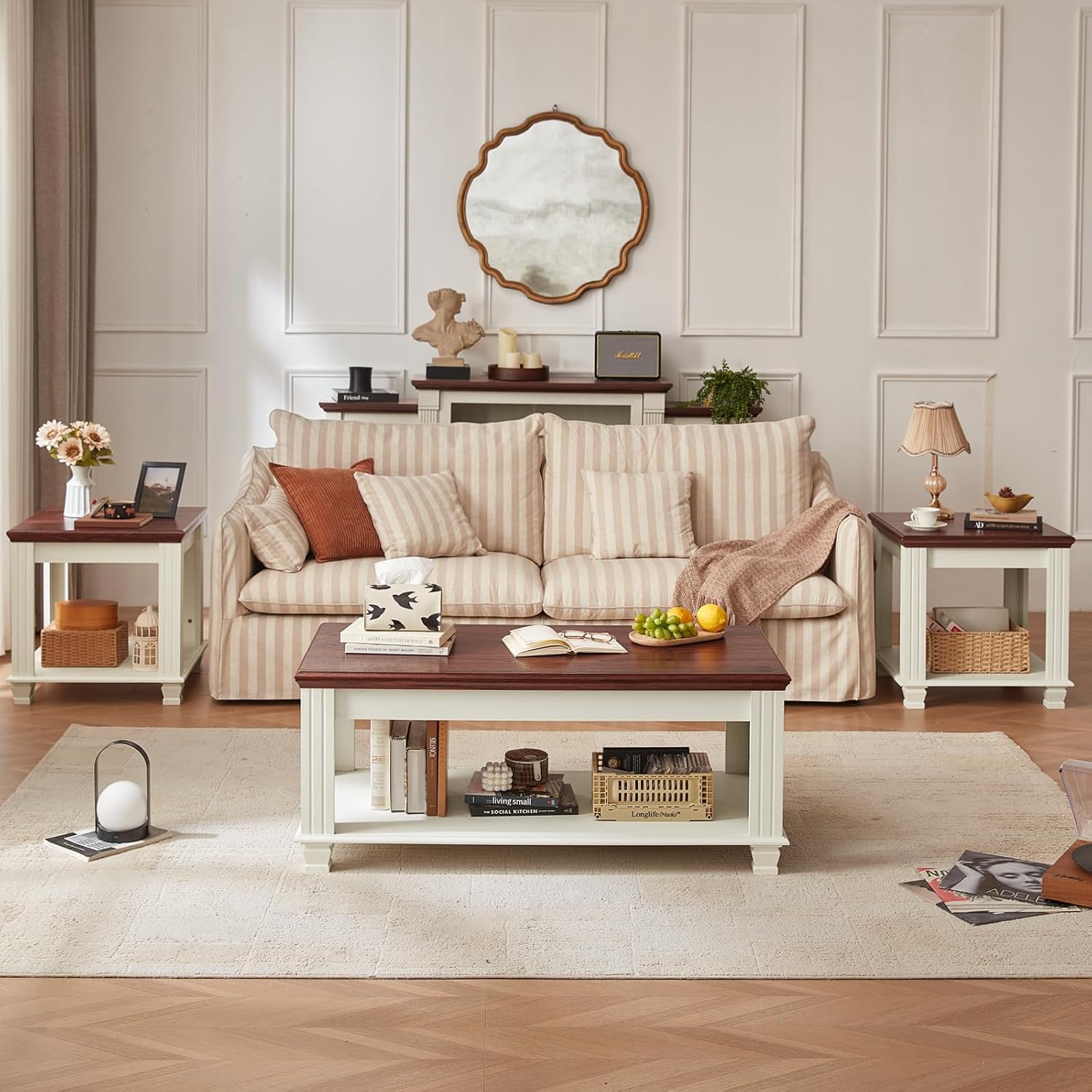 SAVOR LIFE Farmhouse Coffee Tables for Living Room,Square Tea Table with Open Storage Shelf,Large Coffee Table,Rustic Wooden Center Table,White