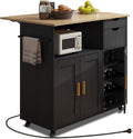 Kitchen Island Cart with Power Outlet, Rolling Kitchen Cart on Wheels with Storage Cabinet, Drawers, Spice Rack & Towel Bar, Portable Kitchen Island Table with Wood Top for Small Space, Black