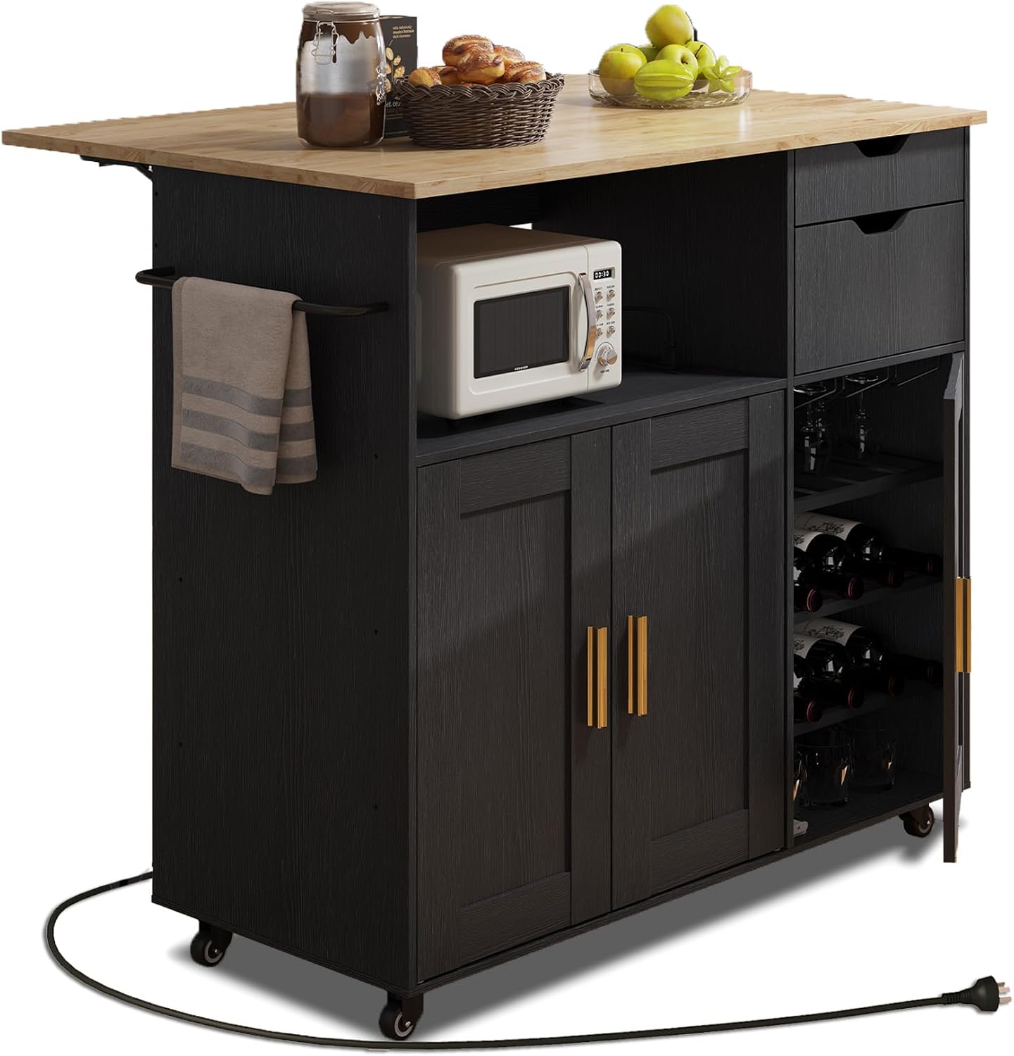 Kitchen Island Cart with Power Outlet, Rolling Kitchen Cart on Wheels with Storage Cabinet, Drawers, Spice Rack & Towel Bar, Portable Kitchen Island Table with Wood Top for Small Space, Black