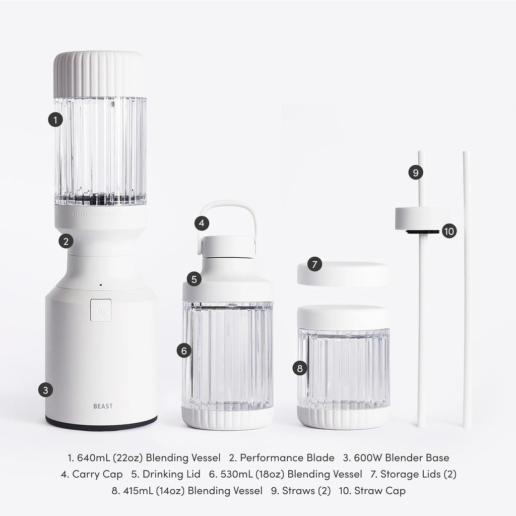 The Beast Mini Blender Plus | Mini Countertop Kitchen Blender | Blend Smoothies and Shakes, Dressings, Sauces, Dips | Extra Vessels, Straw Cap and Straws Included | 600W (Cloud White)